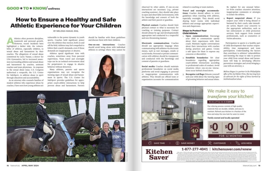Image of a two page magazine spread featuring text, an image of an equestrian show, and a headshot of the lawyer who wrote the article.
